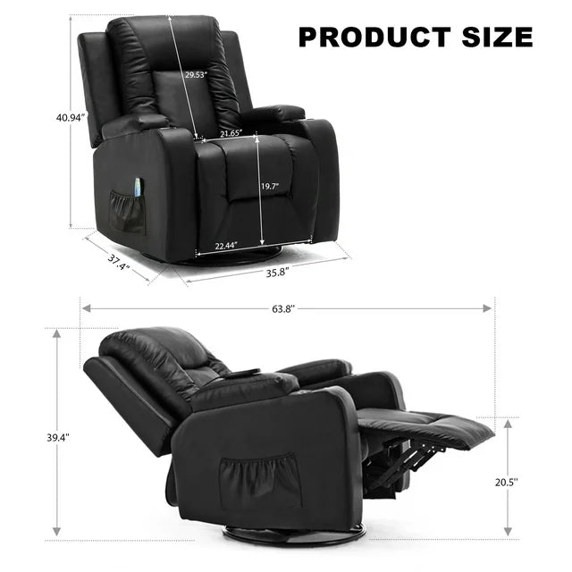 COMHOMA Swivel Rocker Recliner Chair,, 35.8" Wide PU Leather Rocking Sofa with Heated Massage, Black