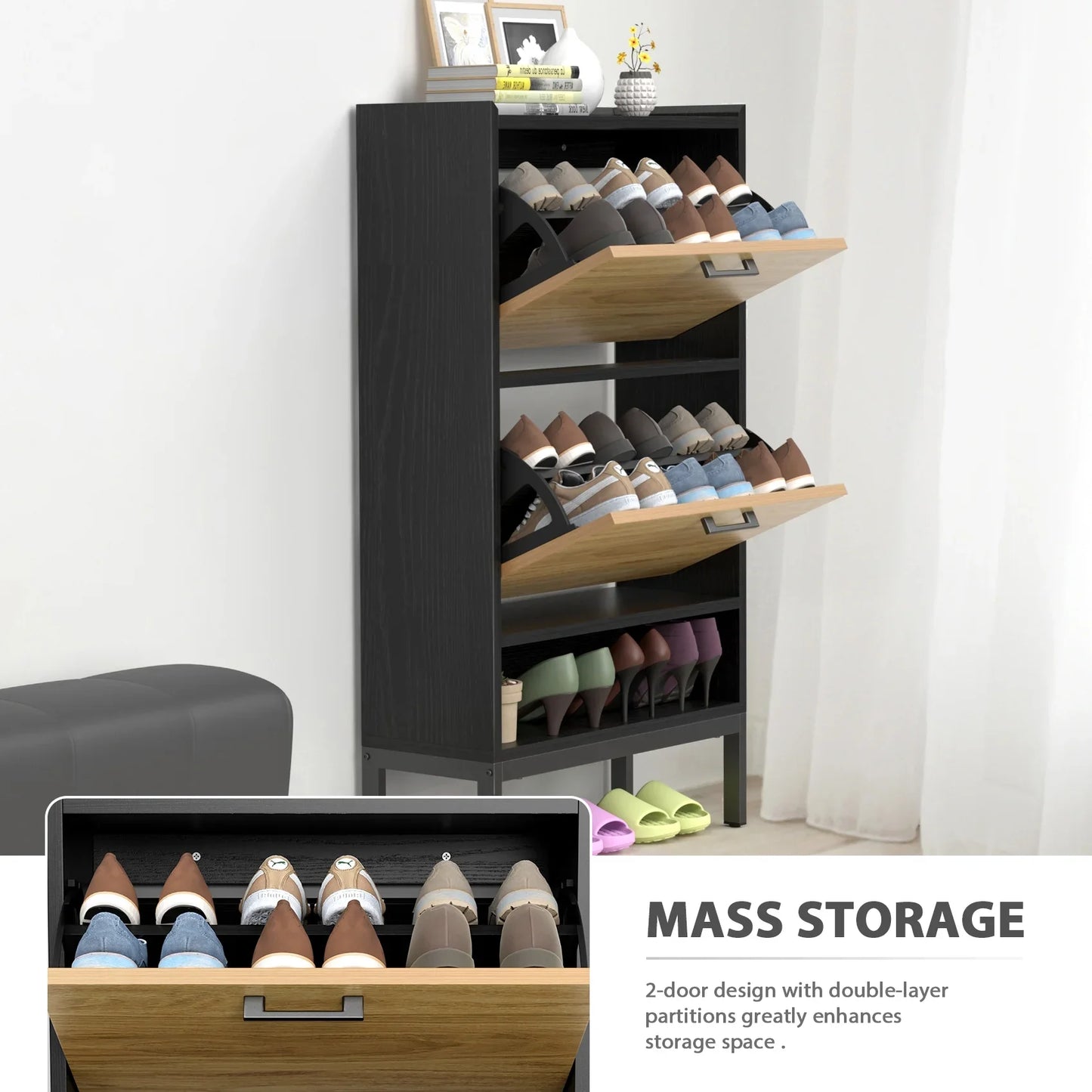 JOZ Shoe Cabinet for Entryway, Shoe Storage Cabinet Shoe Rack Organizer with 2 Flip Drawers for Hallway Bedroom Closet Living Room, Black